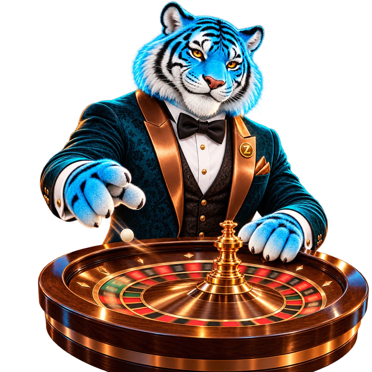 Tigre bleu de Casino Zanza Live faisant tourner une roulette